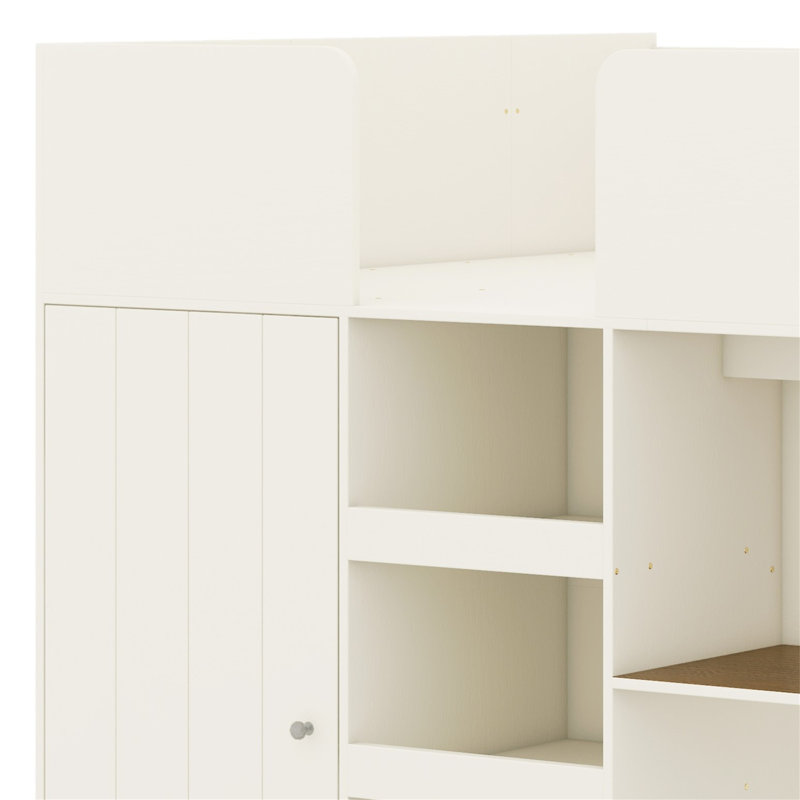 Lit mezzanine avec garde-robe intégré, bureau, tablettes de rangement et tiroirs, Beige