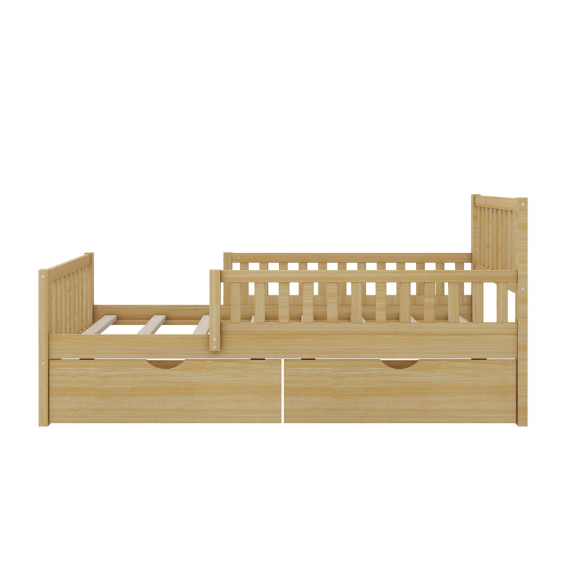 Lit plateforme en bois avec deux rails latéraux et deux tiroirs intégrés, Lit simple