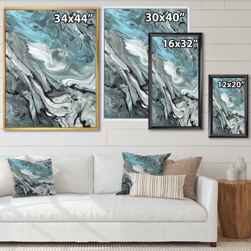 Marbre noir et bleu abstrait I - peinture sur toile, H 33 po x l 25 po, Cadre érable