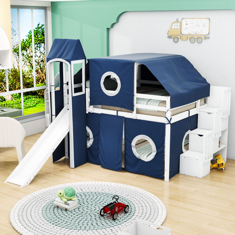 Jaleana Slat Loft Bed with Bookcase, Blue, Full