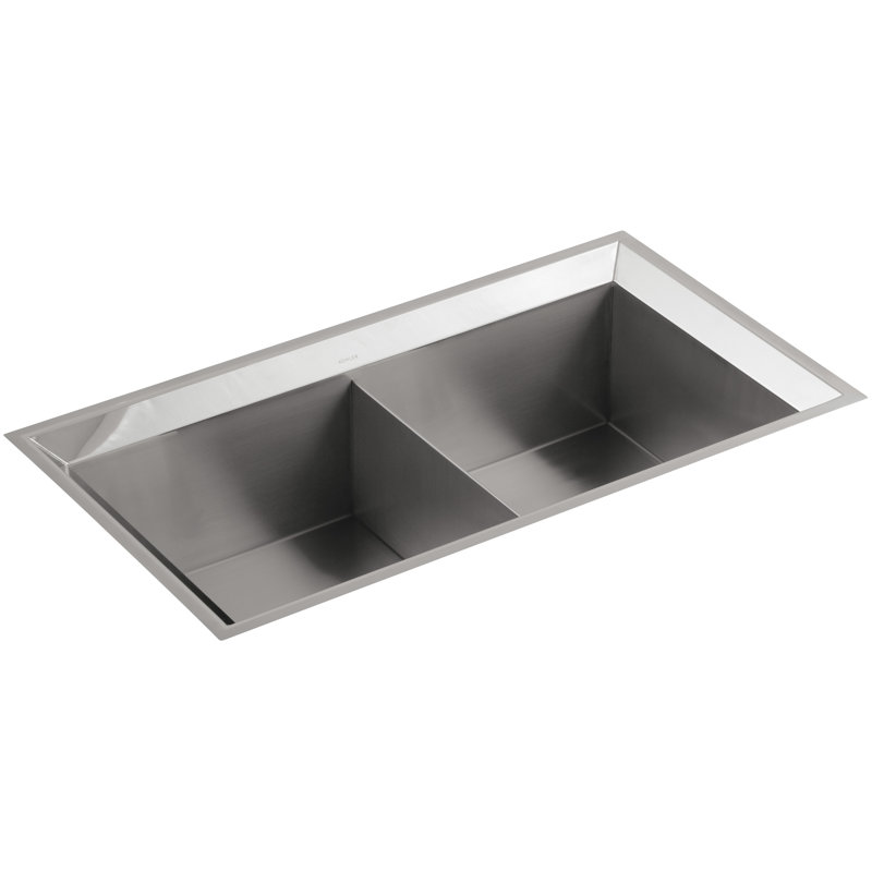 Poise 33" L x 18" W x 9.5" Under-Mount Bowl Kitchen Sink, Mirrored Rim, Double-basin