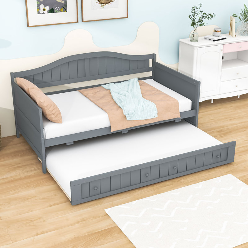 Lit de jour simple en bois avec lit gigogne simple, Gris