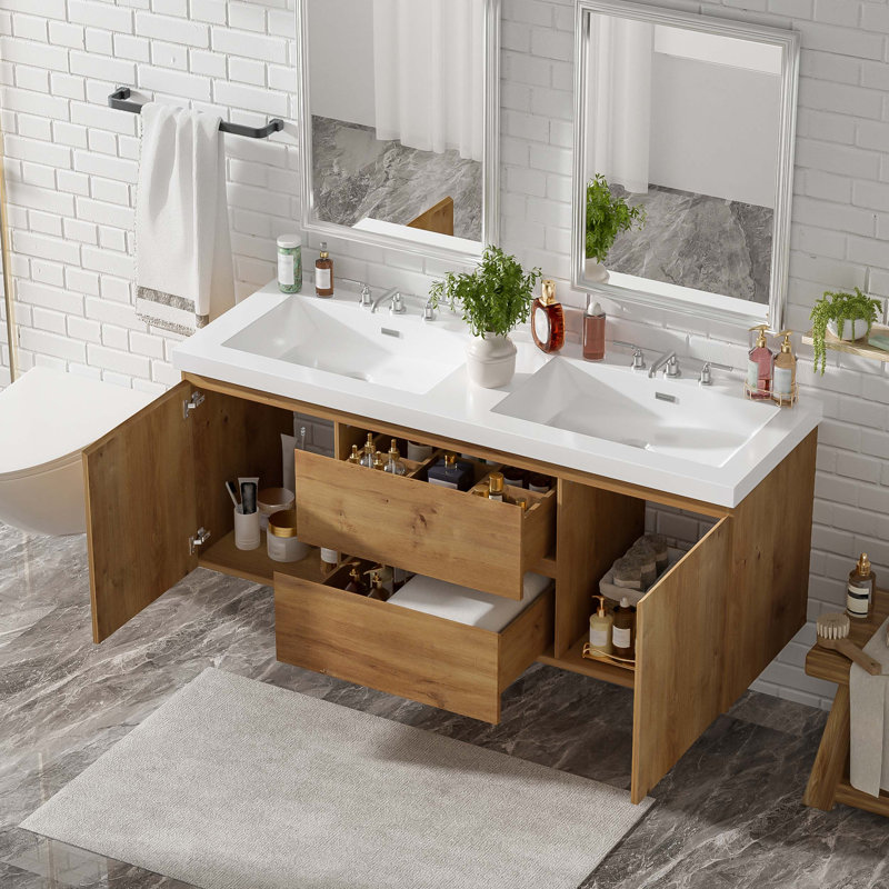 Meuble-lavabo à double cuve 59,3 pouces avec plateau SMC, portes à fermeture en douceur, tiroirs divisés, solution de rangement murale moderne pour les salles de bain partagées.