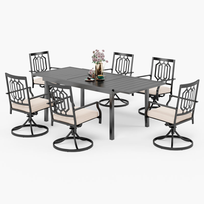 Ensemble de salle à manger de patio pour 6 personnes Stoneham avec table extensible rectangulaire, coussins inclus