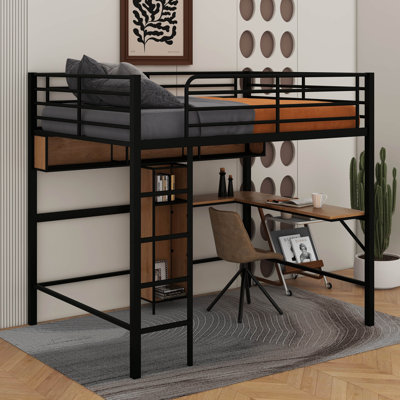 Full Size Metal & Wood Loft Bed With L -Shaped Desk And Shelves by erlingerling