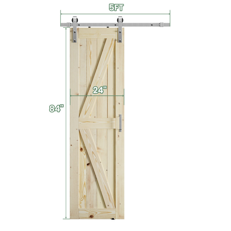 Porte de grange à panneaux en bois massif sans finition avec quincaillerie en nickel brossé, 24 po x 84 po