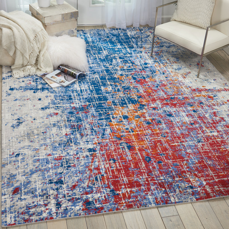 Tapis abstrait rouge / bleu Holmgren, Rond 8 pi