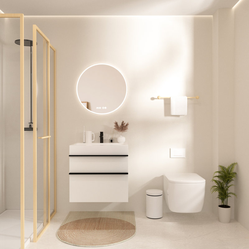 Meuble-lavabo mural blanc de 24 po, lavabo en acrylique intégré, tiroirs à fermeture en douceur, poignées bicolores, revêtement mat, cloisons de rangement intégrées pour le montage, avec tiroir silencieux