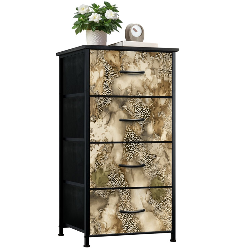 Commode pour chambre à coucher avec 4 tiroirs de rangement Abstrait organique en nid d'abeille neutre beige et terreux à motif léopard Commode à commode en acier