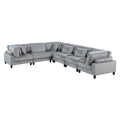6Pc Modular Sectional Set Gray Corduroy Upholstery 3X Armless Chairs 3X Corner Seats Soft Pillows Living Room Furniture