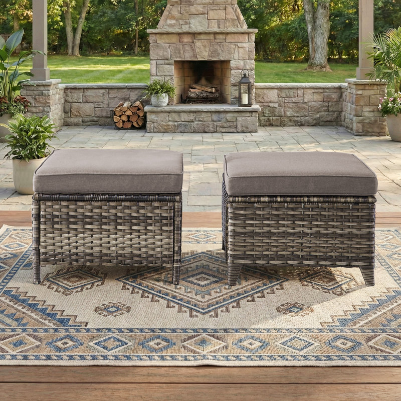 Ensemble de 2 repose-pieds en rotin avec coussins amovibles en osier pour patio, Gris, Gris