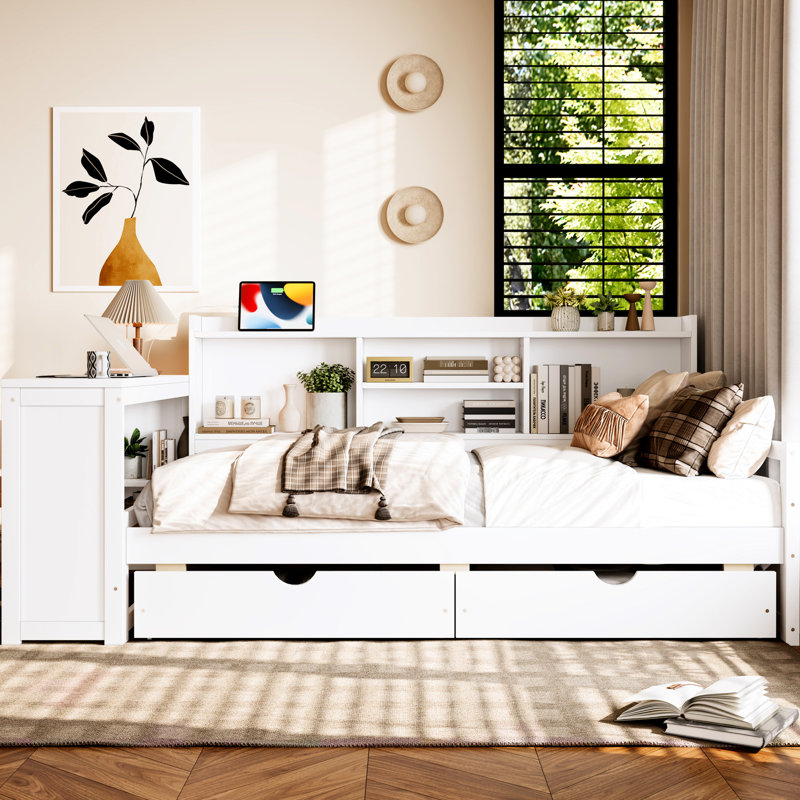 Lit de jour blanc en coin avec bureau, rangement et station de charge