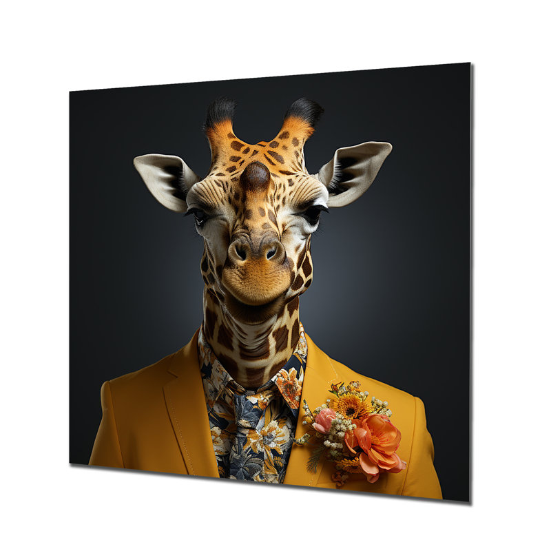 Jaune et noir habillé de mode girafe - girafe, art mural en métal, H 36 po x l 36 po x P 1,5 po