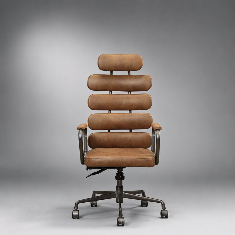 Fauteuil de bureau pivotant brun rétro avec vérin pneumatique, massage à six points et chauffage lombaire pour un confort et un soutien optimaux.
