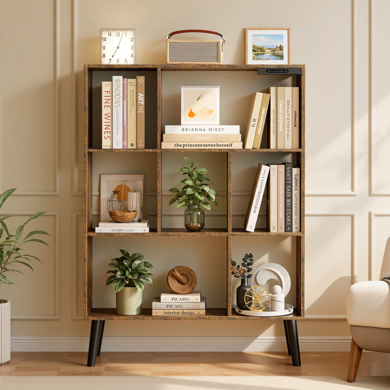 4-Tier Open Shelf Bookshelf 7 Cube Storage Organizer Bookcase With Anti-Tilt Device And LED, Brown