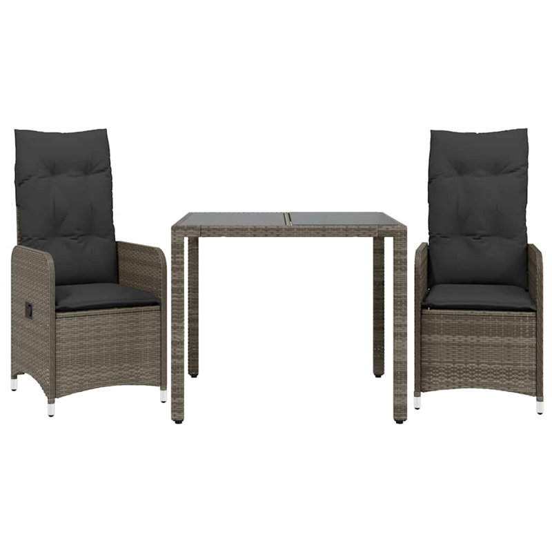 Bistro Set Grey Poly Rattan, Steel, Tempered Glass, 2