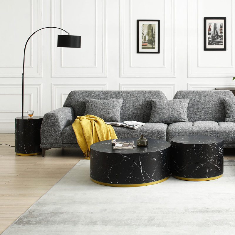 Table basse en faux marbre en noir pour le salon, 35,57 pouces avec base en métal doré