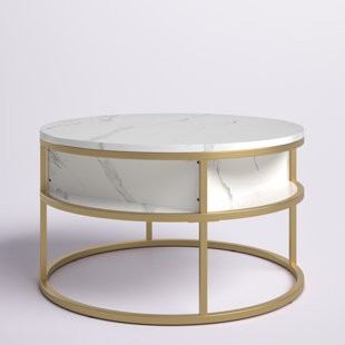 Bonnlo Faux Marble Gold Coffee Table, 41.7 Marble Coffee Table White and Gold Coffee Table Marble Top Coffee Table White Marble Coffee Table with Sto
