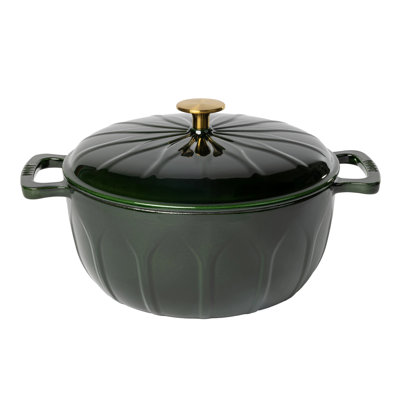 6 Quart Luxe Enamel Dutch Oven, Pesto, with gold knob