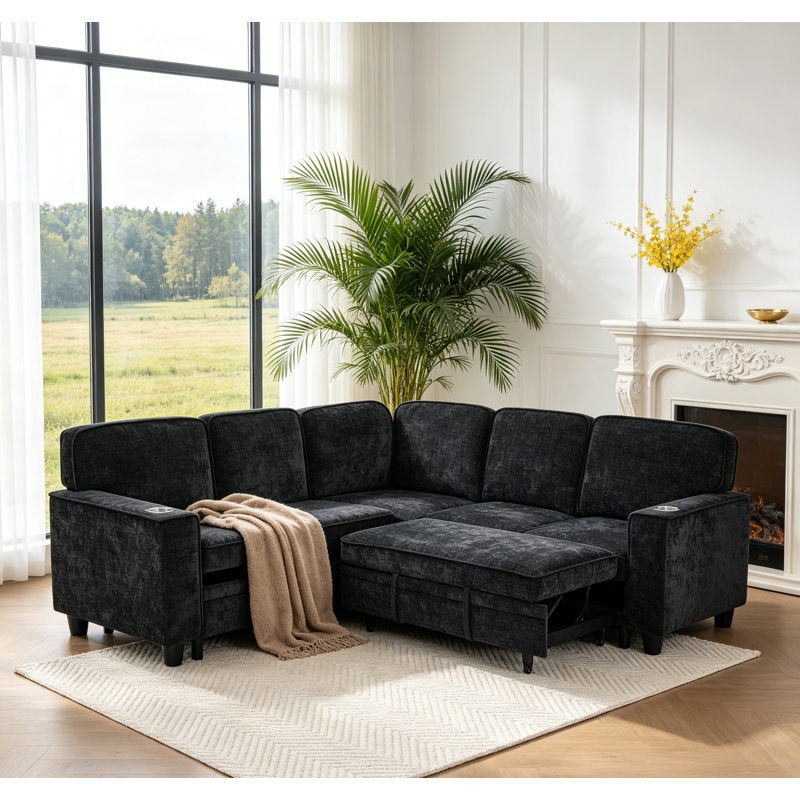 Canapé-lit modulaire convertible de 81 po avec lit escamotable de 81 po et canapé modulaire en chenille modulaire en L à 5 places avec méridienne de rangement et chargement USB pour le salon et l’appartement