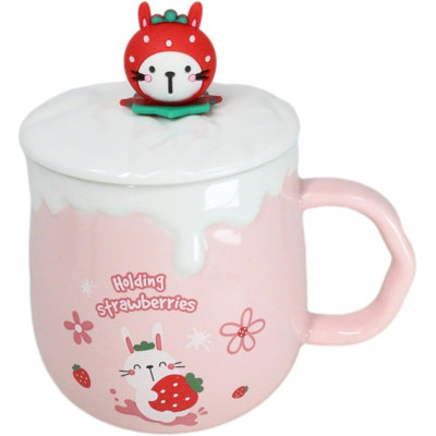 Whimsical Bunny Rabbit Hiding Strawberries Ceramic Mug Cup With Lid And Spoon