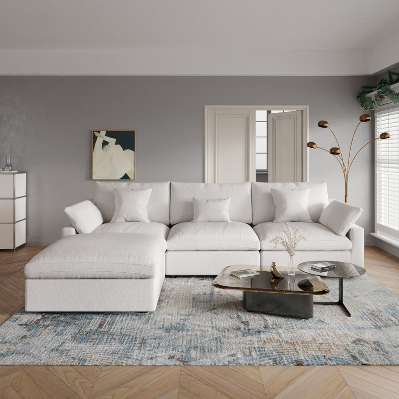 Slipcovered Upholstered Modular Sofa With Ottoman, Beige, 29.53" H x 119.29" W x 77.95" D