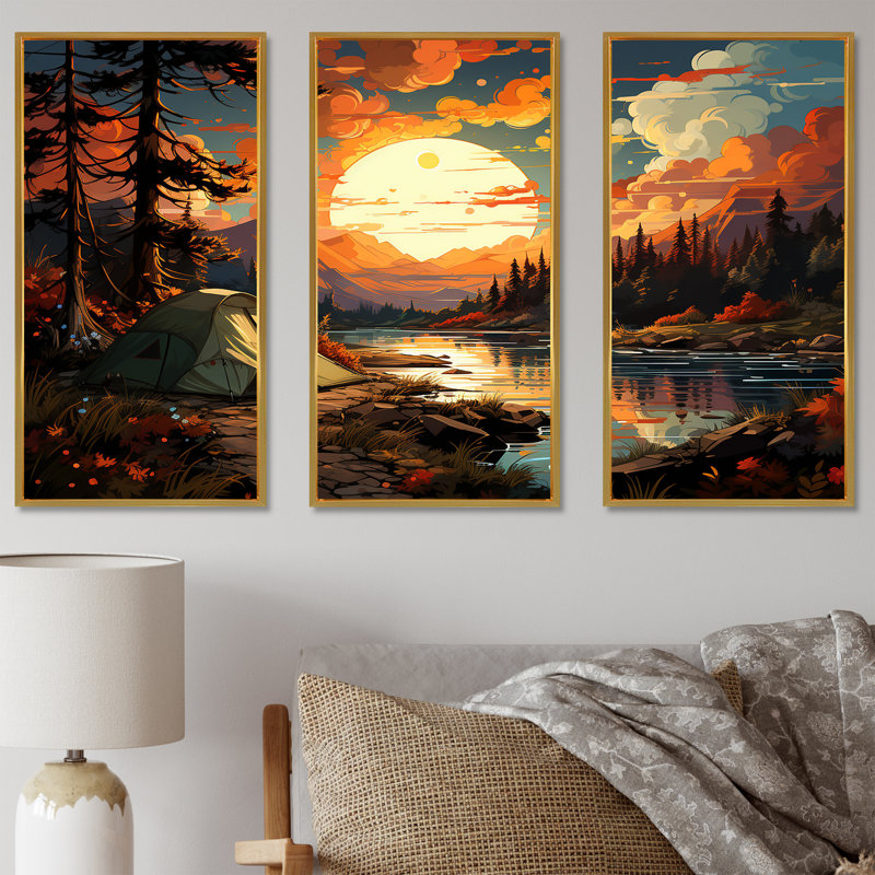 «Camping By The River Scenery I», ensemble d'art mural de voyage en camping, Cadre flottant doré, H 28 po x l 36 po