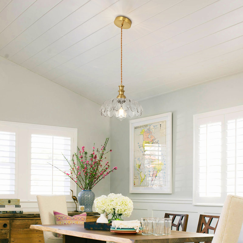Junathean 1 - Light 10.23"Wide Gold Dome Pendant with Petal Glass Lampshade with Cord, Clear, 1