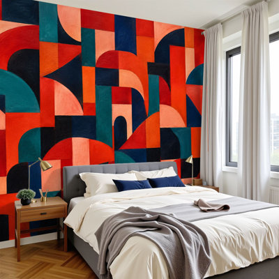 Peel and Stick Wallpaper 69" L x 96" W Modern Self Adhesive Wall Mural for Bedroom - With Abstract Geometric Arch Terracotta Navy Blue Green Print