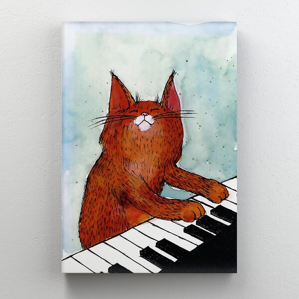Trinx Ginger Cat Playing Piano Art On Canvas Painting | Wayfair