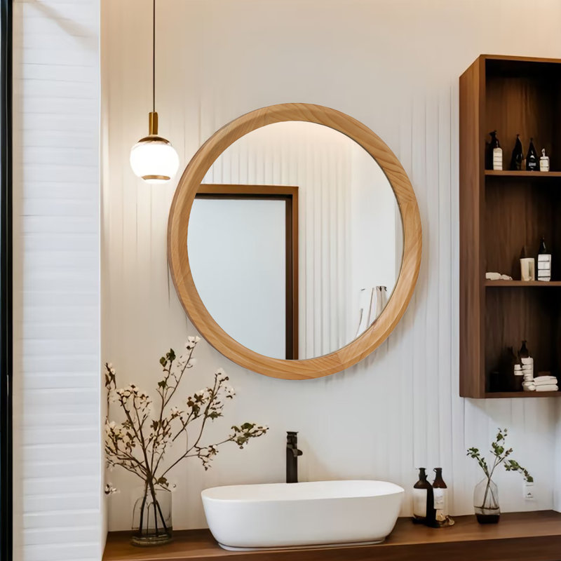 Miroir mural rond en bois naturel