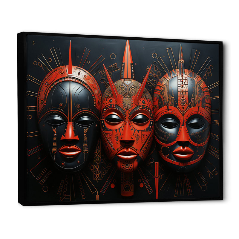«Cintya Red African Masks I», reproduction sur toile, Cadre flottant noir, H 34 po x l 44 po x P 1,5 po