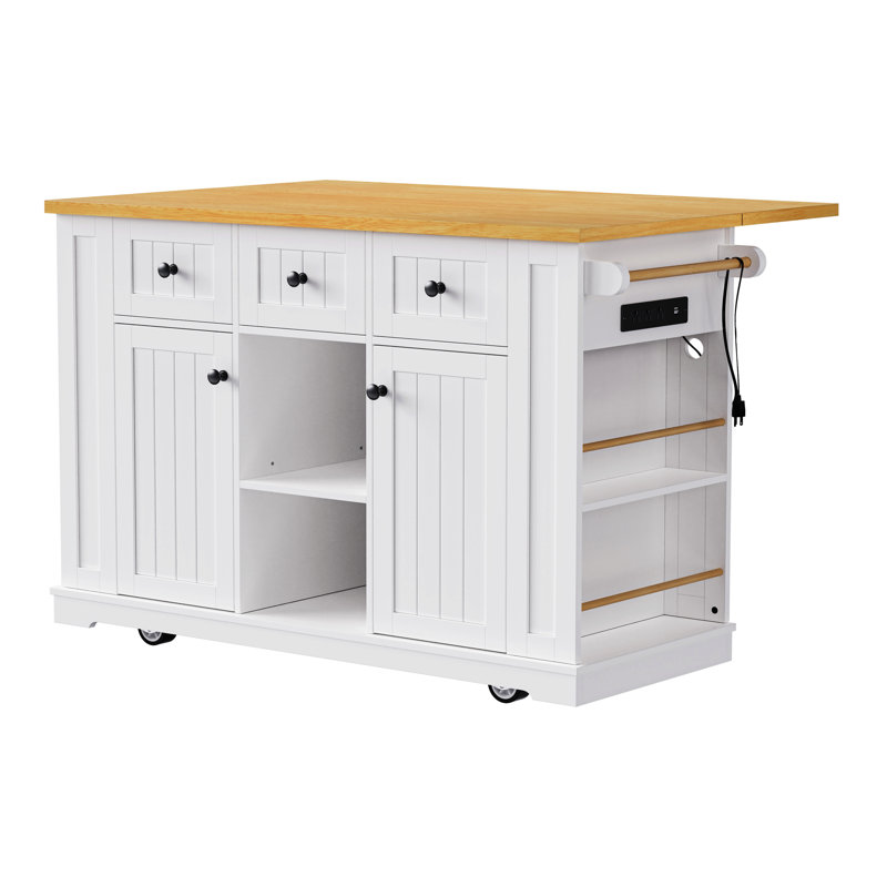Grand îlot de cuisine de 53 po avec abattant en bois d'hévéa - Chariot de cuisine à roulettes en relief sur 5 roulettes