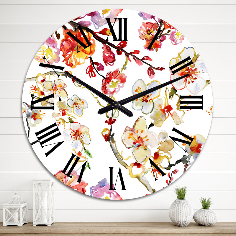 Sakura fleurs en rouge et jaune - horloge murale traditionnelle, Moyen