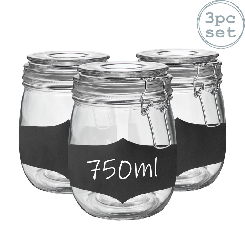 Argon Tableware - Glass Storage Jars with Labels - 750ml - Set of 3, Clear