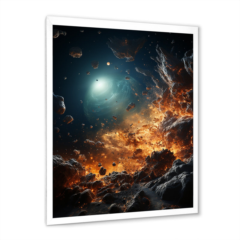" Asteroids Planet Orange II ", 32" H x 24" W x 1" D, White Picture Framed