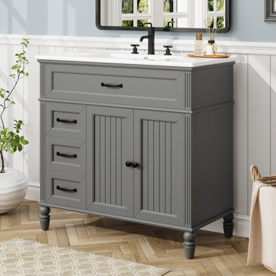 Meuble-lavabo 36 po avec lavabo en céramique, pieds en bois massif, poignées en aluminium, deux tiroirs, mécanisme de fermeture en douceur, autoportant, couleur grise