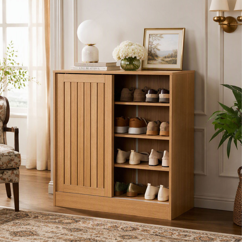 Meuble à chaussures avec portes coulissantes ajourées et 4 tablettes amovibles pour l'entrée, Natural