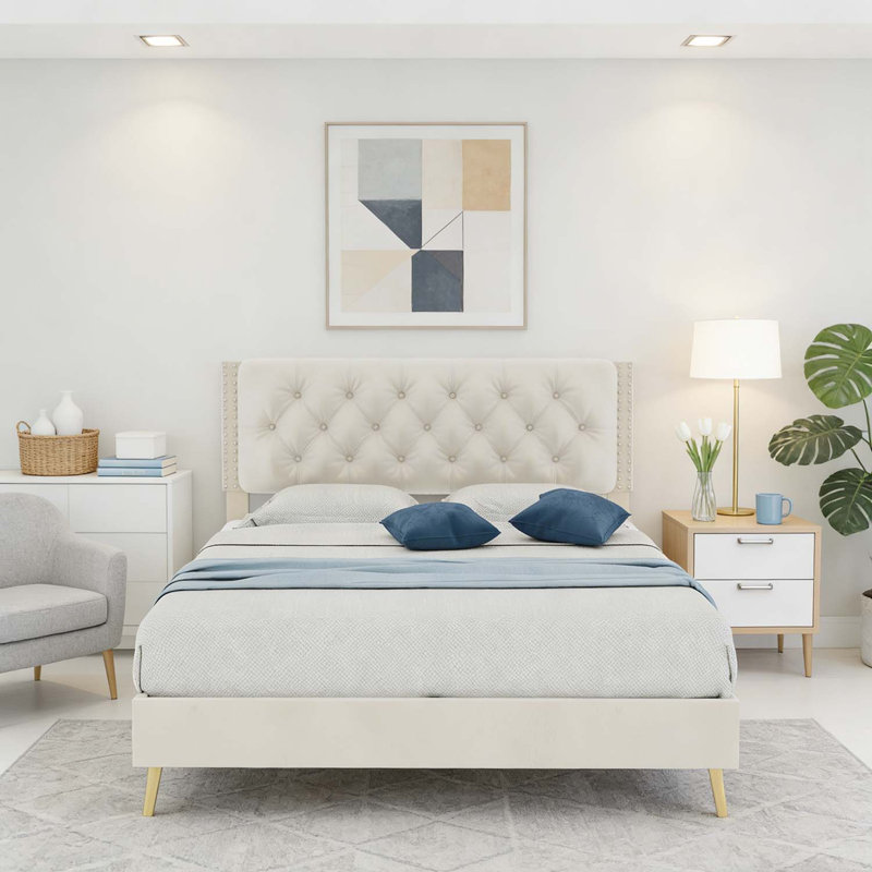 Lit rembourré avec tête de lit capitonnée, structure robuste pour le confort et le style, Beige, Grande capacité