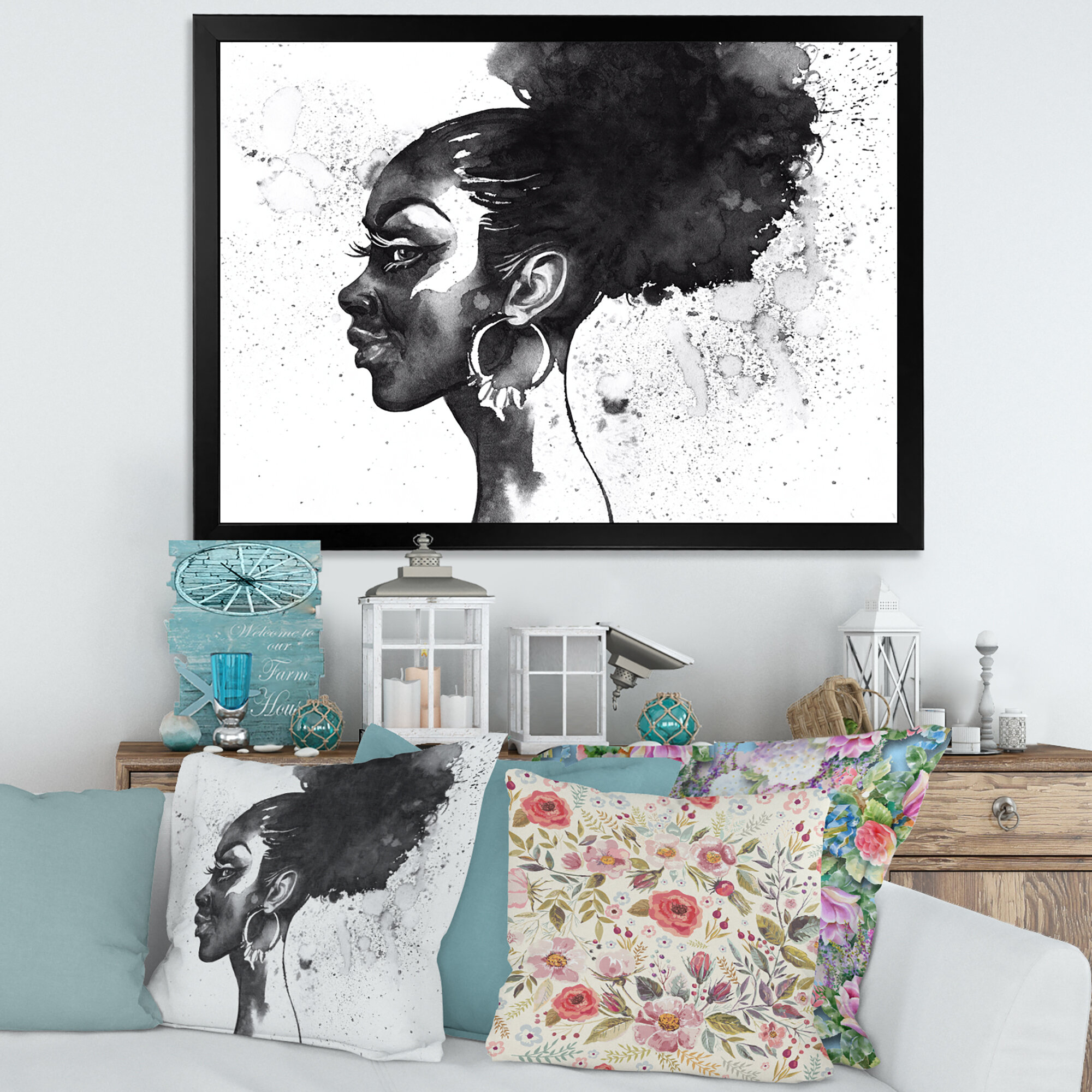 Monochrome Portrait of African American Woman I - Painting on Canvas East Urban Home Size: 24 H x 32 W x 1.5 D, Format: Black Framed Canvas