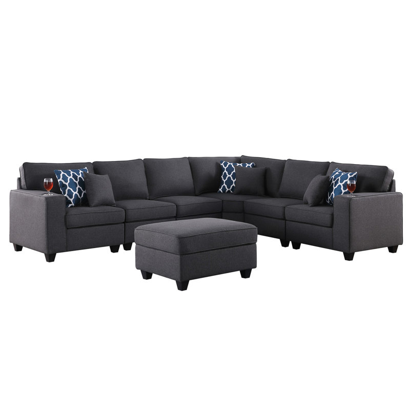 7 pièces modulaires en lin gris foncé modulaire réversible en forme de L 125 po avec porte-gobelet, pièces modulaires, 6 coussins décoratifs, siège d'une hauteur de 17,75 po, profondeur de 23 po, accoudoirs de 24,25 po et dossier à ressorts ensachés en mousse à dossier de 18 po