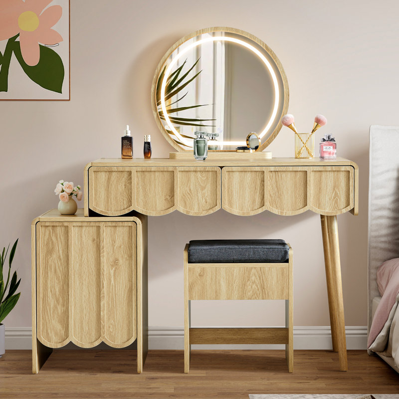 Ensemble de coiffeuse avec tabouret et miroir à DEL, Naturel