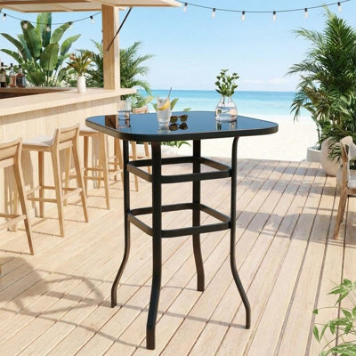 Table bistro extérieure 31,5 pouces avec plateau carré en verre trempé et structure en métal pour patio