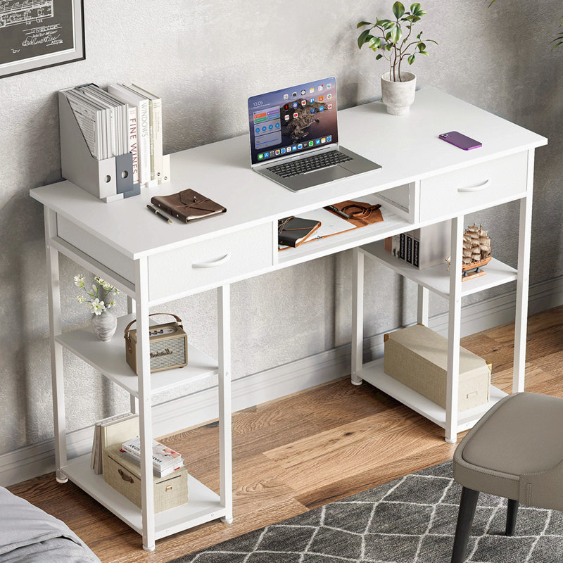 Bureau d'ordinateur Bureau d'ordinateur de chambre à coucher de 48 pouces avec tablettes en tissu, Blanc