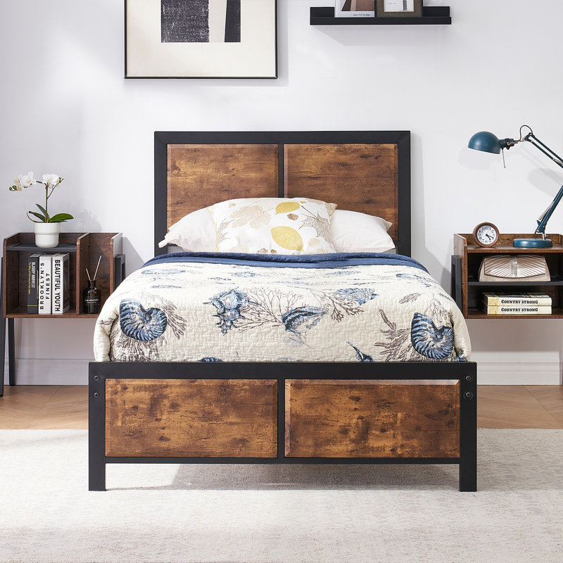 Kempst Twin Size Brown Metal Bed Frame with Wooden Headboard & Footboard, Rustic Farmhouse Platform Bed with Heavy Duty Steel Slats Support, No Box Spring Needed