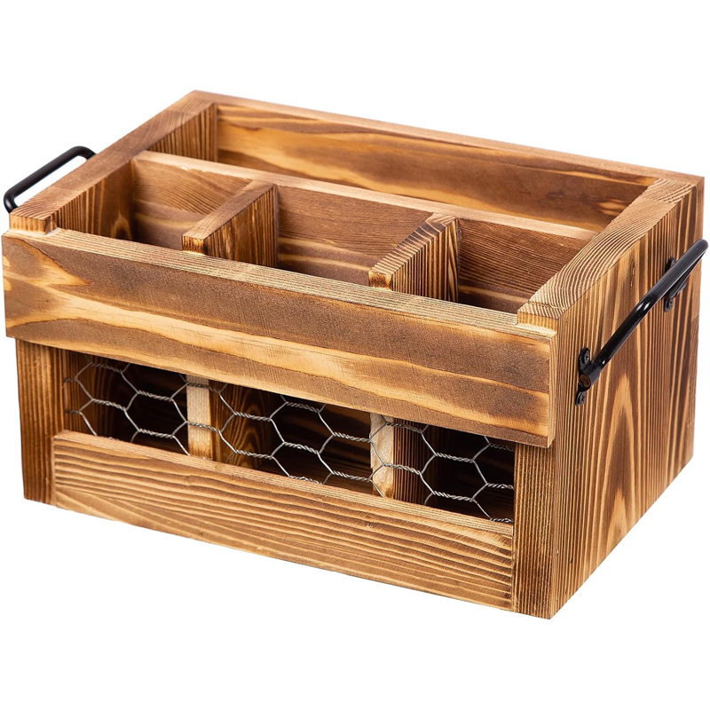 Porte-ustensiles rustique en bois brun patiné avec porte-serviettes en métal noir