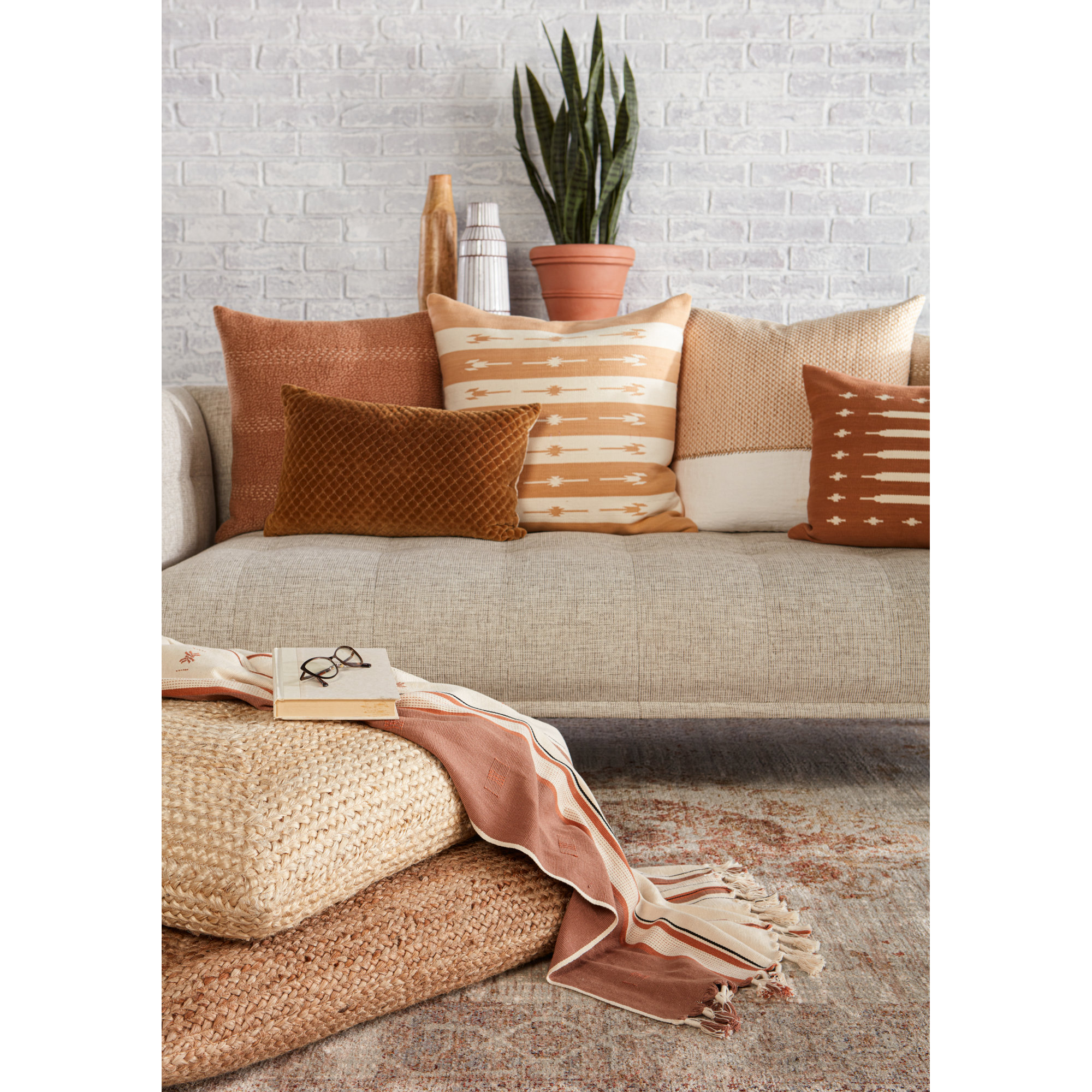 Estela Geometric Cotton Lumbar Throw Pillow, Orange, Down