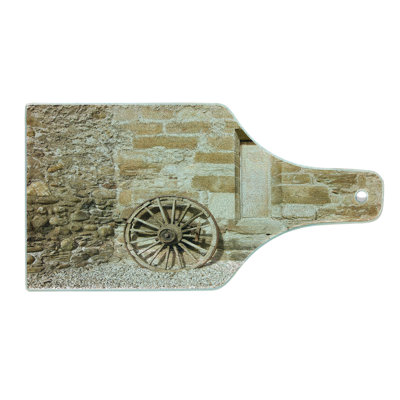 Ambesonne Wagon Wheel Tempered Glass Cutting Board Old Rural Rocky Façade Brown Pale Brown