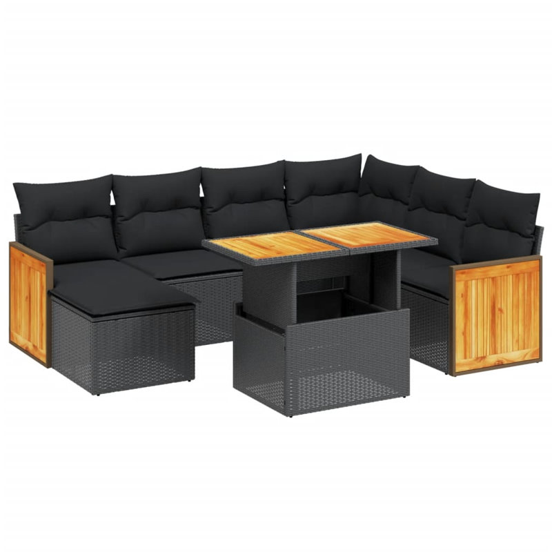  Ensemble de canapé de jardin en rotin PE noir avec grands pieds réglables