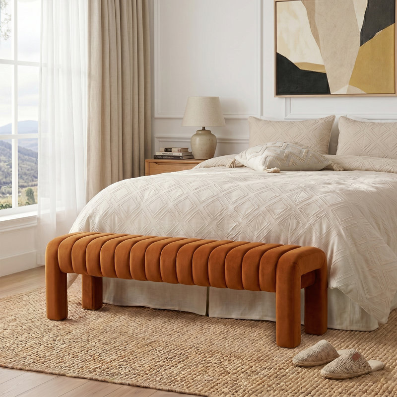 Banc rembourré sans dossier Oyan, H 17 po x l 63 po x P 17,3 po, Velours brun